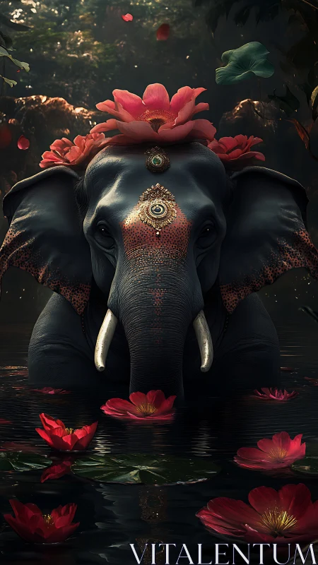 Ornate elephant in lotus pond under mystical forest light.