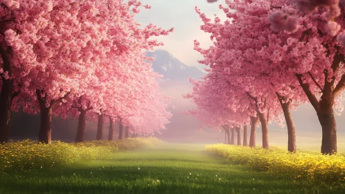 Cherry blossom avenue glows under soft mountain sunrise.