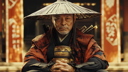 Weathered samurai elder resting in quiet temple courtyard.