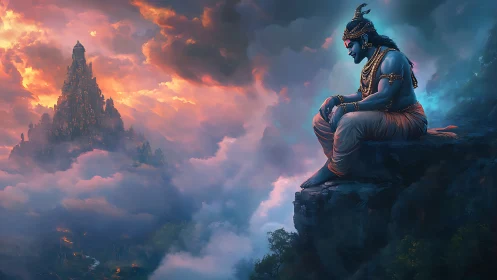 Mythic blue deity studies distant temple amid volumetric clouds