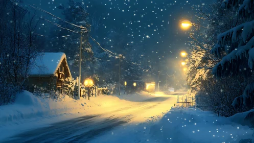 Snow-lit rural road at night renders cinematic winter depth