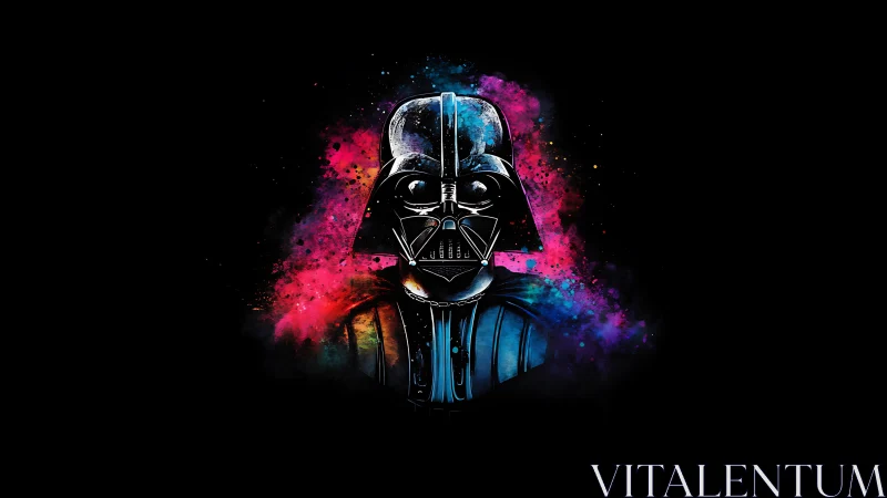 Cosmic masked figure dissolves into neon starburst clouds