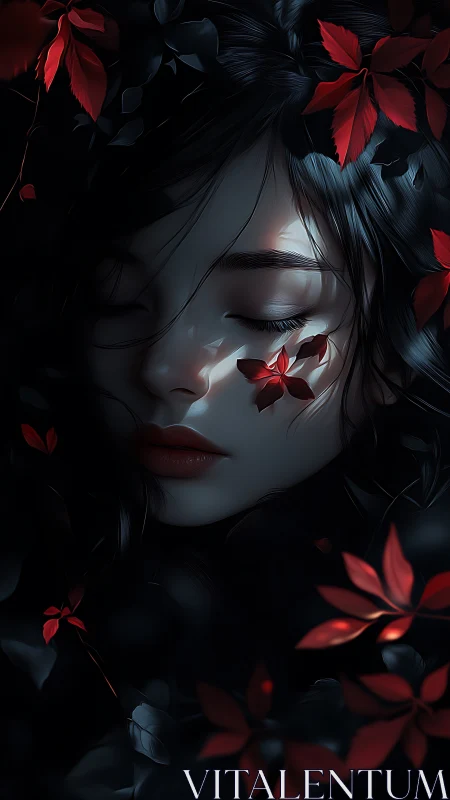 Sleeping woman in dark foliage with vivid red leaves