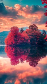 Crimson lakeside forest mirrors under blazing sunset sky.
