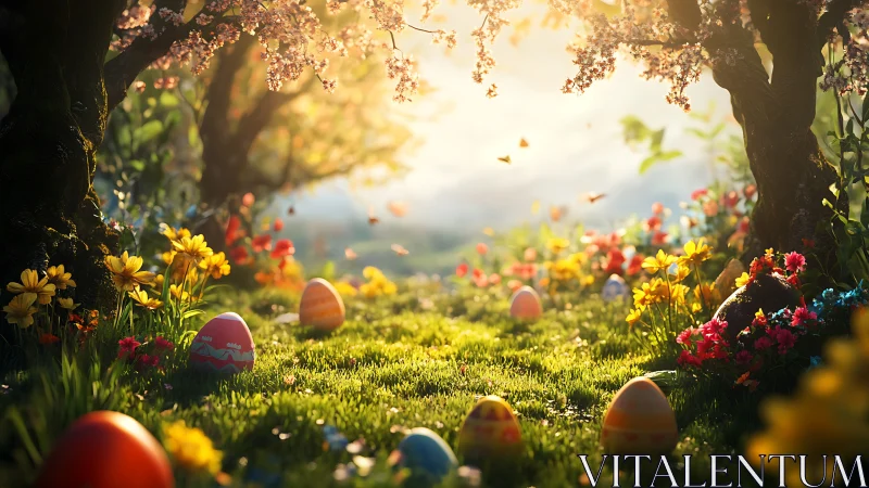 Sunlit spring grove sprinkled with hidden Easter treasures.