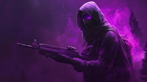 Violet ghost soldier prowls through neon fog with silent aim