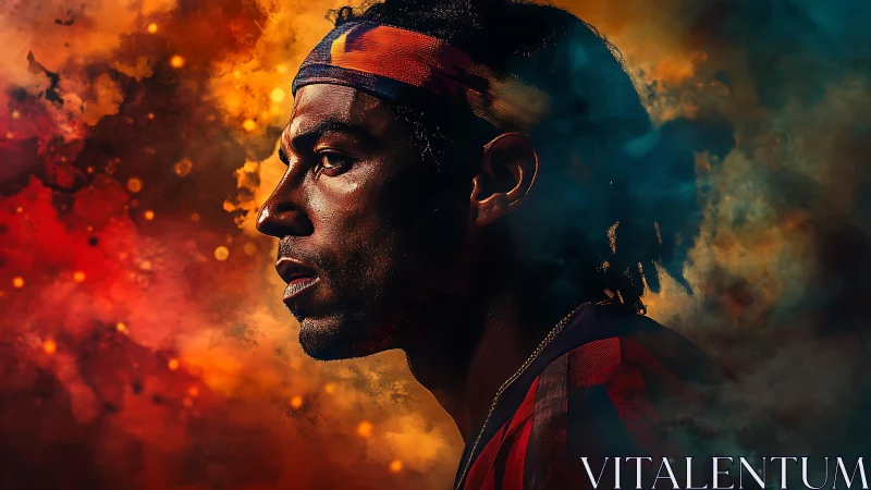 Focused athlete profile against vivid abstract smoke background