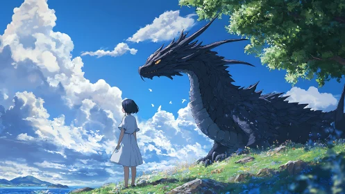 Girl and black dragon share a quiet skyward moment by sea.
