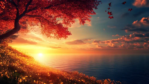 Sunset glow beneath crimson autumn tree by tranquil sea.