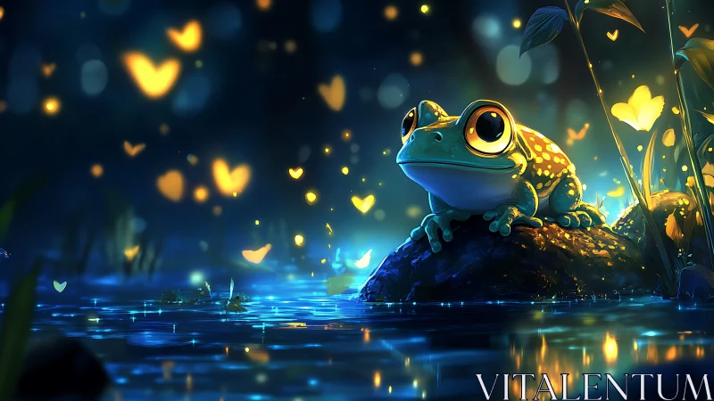 Bioluminescent pond frog under volumetric lighting and bokeh glow