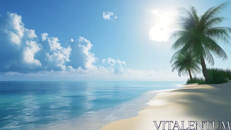 Tropical Beach Paradise with Palm Tree and Clear Sky