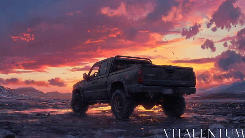 Pickup truck is parked on wet terrain under overcast sunset sky