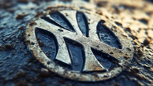 Macro render of wet industrial emblem with shallow focus.