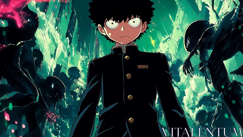 Stoic schoolboy amid luminous spirits in shattered void.