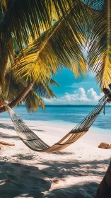 Tropical beach view framed by palm fronds and hammock