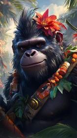 Tropical gorilla guide wearing flowers and bright beads.