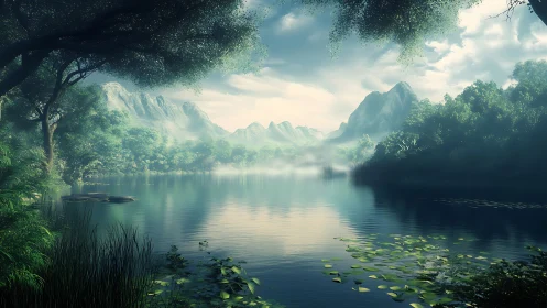 Tranquil misted lake reflects distant alpine ridges softly