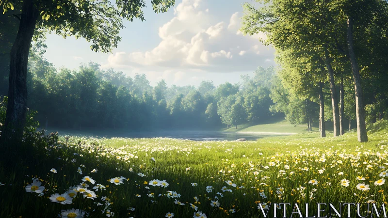 Sunlit meadow of daisies beside tranquil forest lake at dawn.