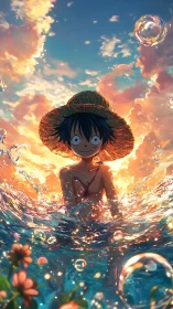 Straw hat boy stands in glowing sunset surf with bubbles