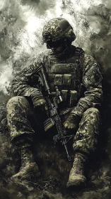 Lone soldier in digital camouflage resting with rifle.