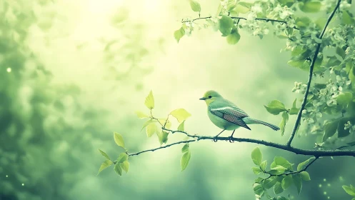 Delicate songbird on leafy branch in dreamy pastel spring scene.