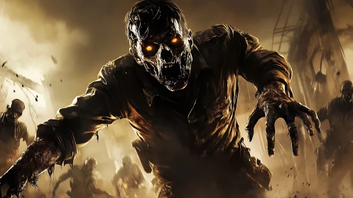 Burning-eyed zombie lunges forward in apocalyptic ruins.