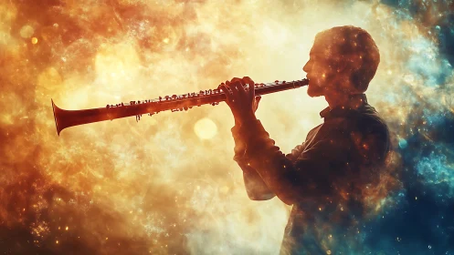 Clarinet player silhouette glows within swirling cosmic light.