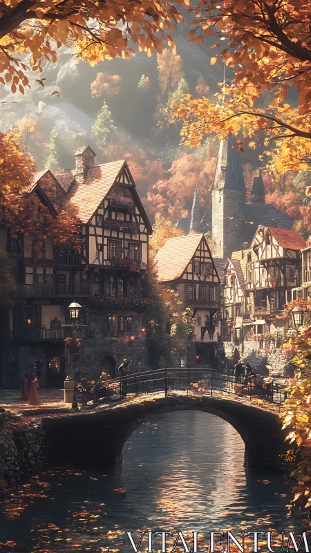Riverside village with bridge and autumn hillside backdrop.