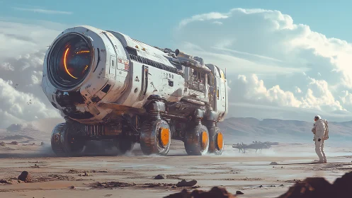 Interplanetary rover confronts lone astronaut on desert plain.