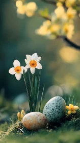 Macro study of spring daffodils with speckled eggs on moss