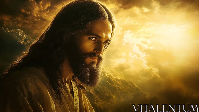 Bearded robed figure against luminous sky and landscape.