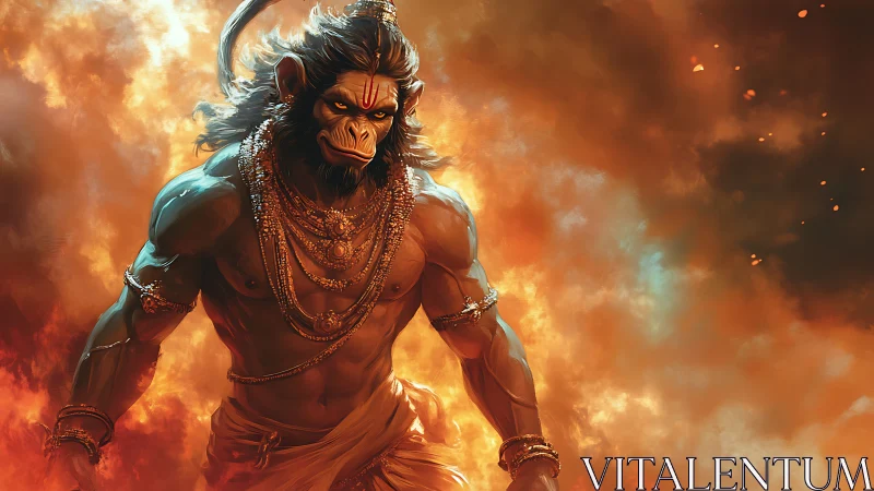 Digital painting of mythic warrior deity in flaming atmosphere.