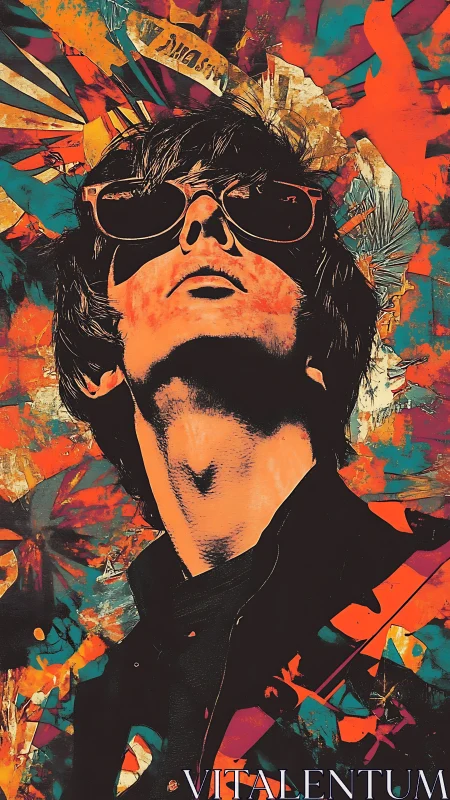 Bold pop art portrait of man in sunglasses against chaos