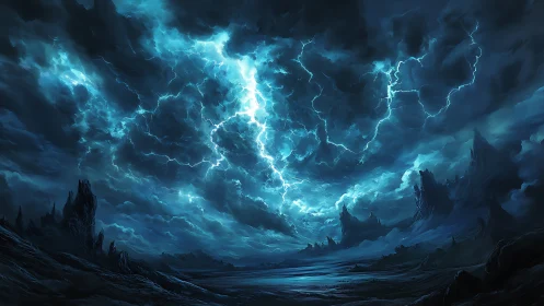 Electric night storm over a mysterious rocky horizon.