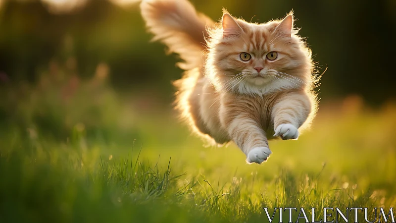 Fluffy Orange Tabby Cat Running Through Sunlit Grass.