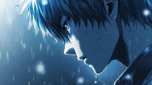 Melancholic anime profile in blue rain, high contrast lighting