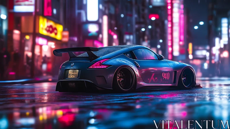 Neon lit street racer glows softly in a rainy city night