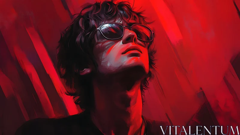 Portrait shows upward-facing figure in red digital lighting