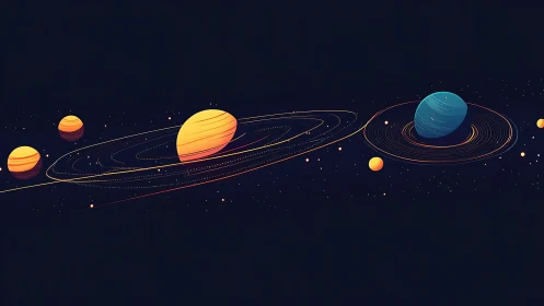 Stylized planetary system with multiple orbiting bodies.