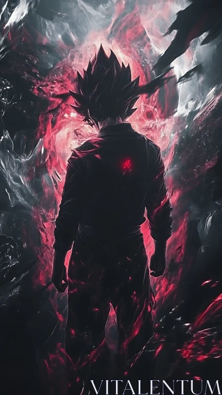 Backlit anime warrior in crimson energy vortex silhouette