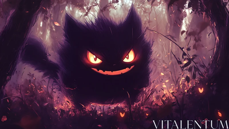 Bioluminescent ghost creature stalking through ember-lit forest