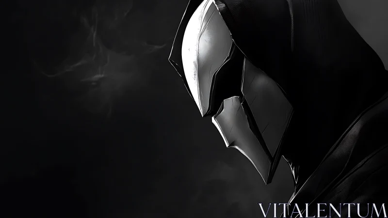 Hooded armored figure gazes downward in stark monochrome.