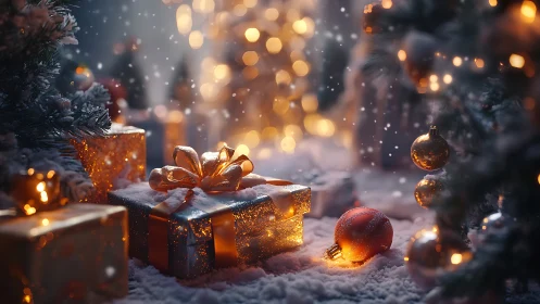Cozy Christmas gifts glowing softly under snowy tree lights.