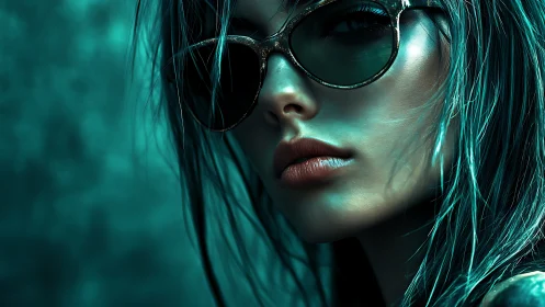 Close-up digital portrait of woman with teal lighting.