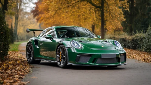 Emerald green sports car gleams along a quiet autumn lane