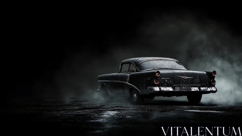 Rain-soaked noir cruiser idling in a lonely midnight mist.