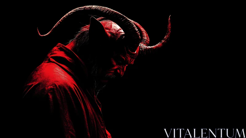 Horned demonic figure in red cloak lit against black background