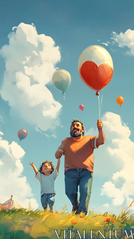 Adult and child holding colorful balloons in open field