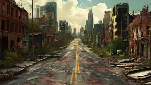 Deserted urban avenue with decayed facades and overgrown asphalt corridor