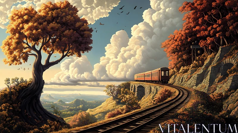 Sunlit autumn train curves through dreamy mountain clouds